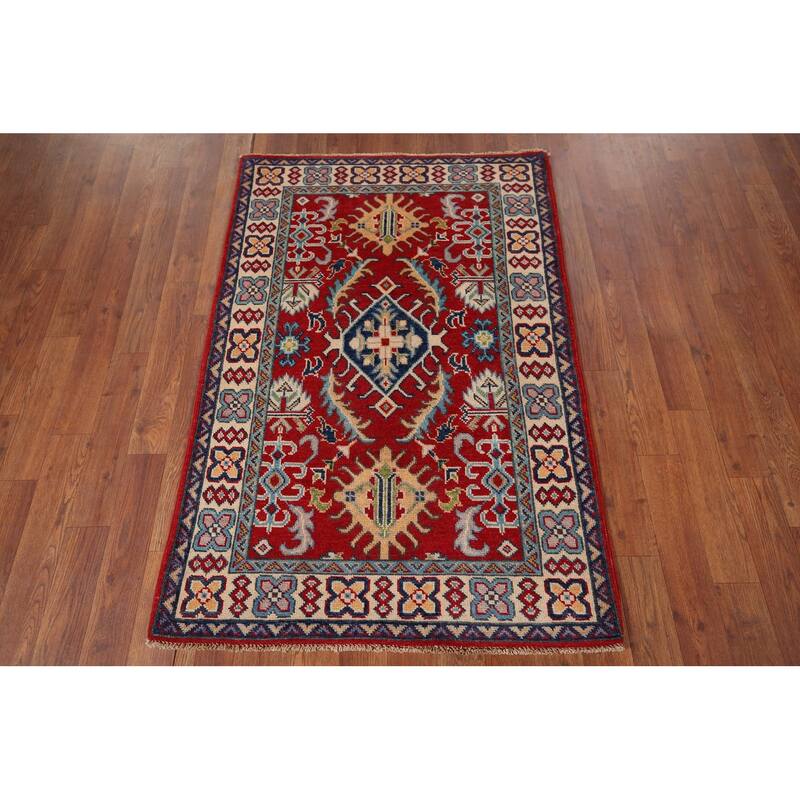 Red Floral Kazak Foyer Rug Handmade Wool Carpet - 2'9" x 4'2"
