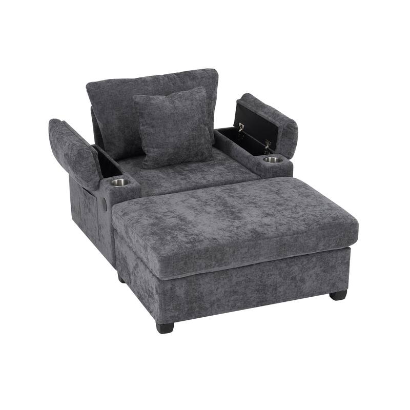 Modern 58" Oversized Chaise Lounger Armchair with Ottoman, Chenille Sleeper Sofa Couch with Charge Station & USB Ports