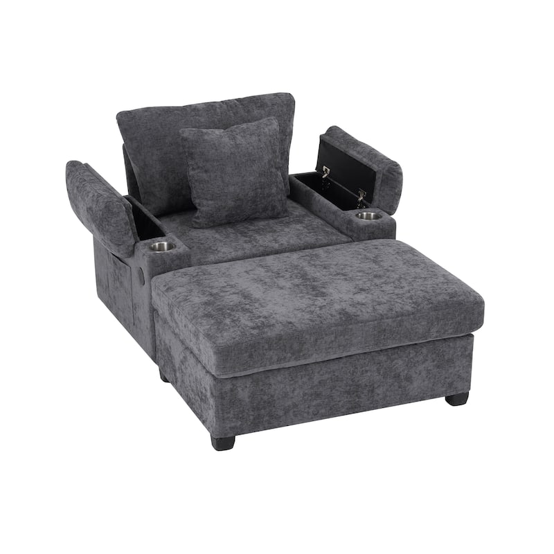 Oversized Chenille Sofa Chair with Ottoman Sleeper Sofa with Cupholders/USB Charging Ports