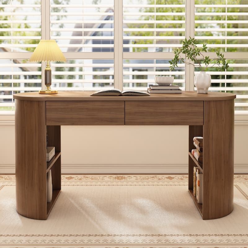 Christopher Knight Home - Quinnie Modern MDF Storage Writing Desk with Drawers and Open Shelves - Dark Walnut