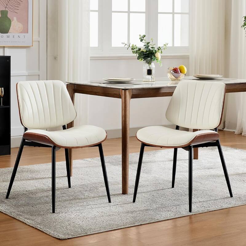 Set of 2 Mid-Century PU Leather Upholstered Kitchen Dining Chairs for Dining Room & Kitchen - White