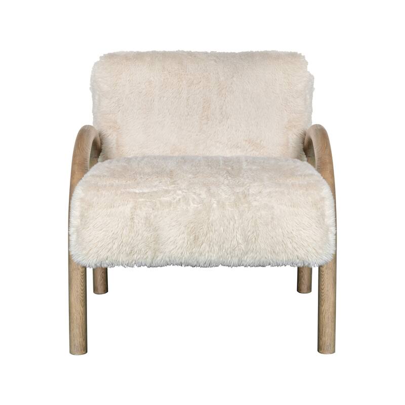 HomeRoots 30" Off White and Natural Faux Fur And Wood Arm Chair - 29.75 in. x 31.00 in. x 31.00 in.
