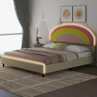 Rainbow Shaped Upholstered Platform Bed with Height-adjustbale Headboard