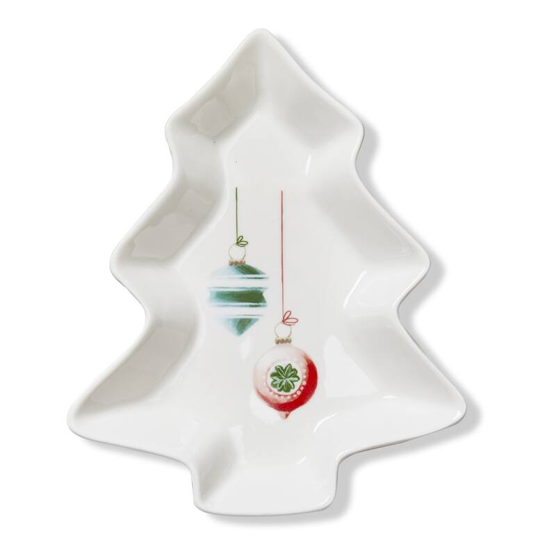 Medium Christmas Tree Serving Dish - Multicolor Bone China, Dishwasher Safe, 8.5" L x 7" W x 1.25" H