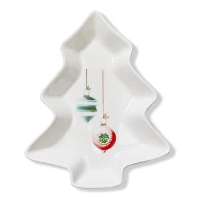 Medium Christmas Tree Serving Dish - Multicolor Bone China, Dishwasher Safe, 8.5" L x 7" W x 1.25" H