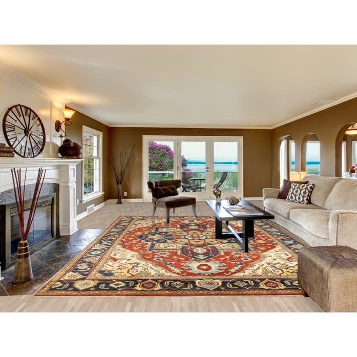 Medallion Heriz Serapi Indian Large Rug Hand-Knotted Wool Carpet - 9'8" x 13'11"
