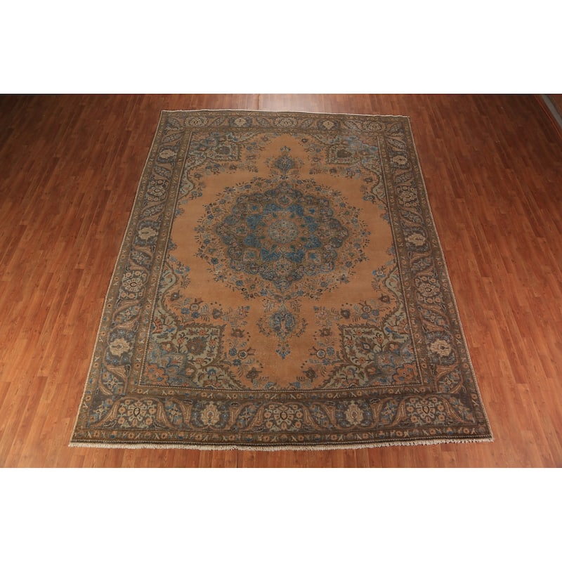 Orange Medallion Tabriz Persian Area Rug Hand-Knotted Wool Carpet - 9'7"x 12'10"