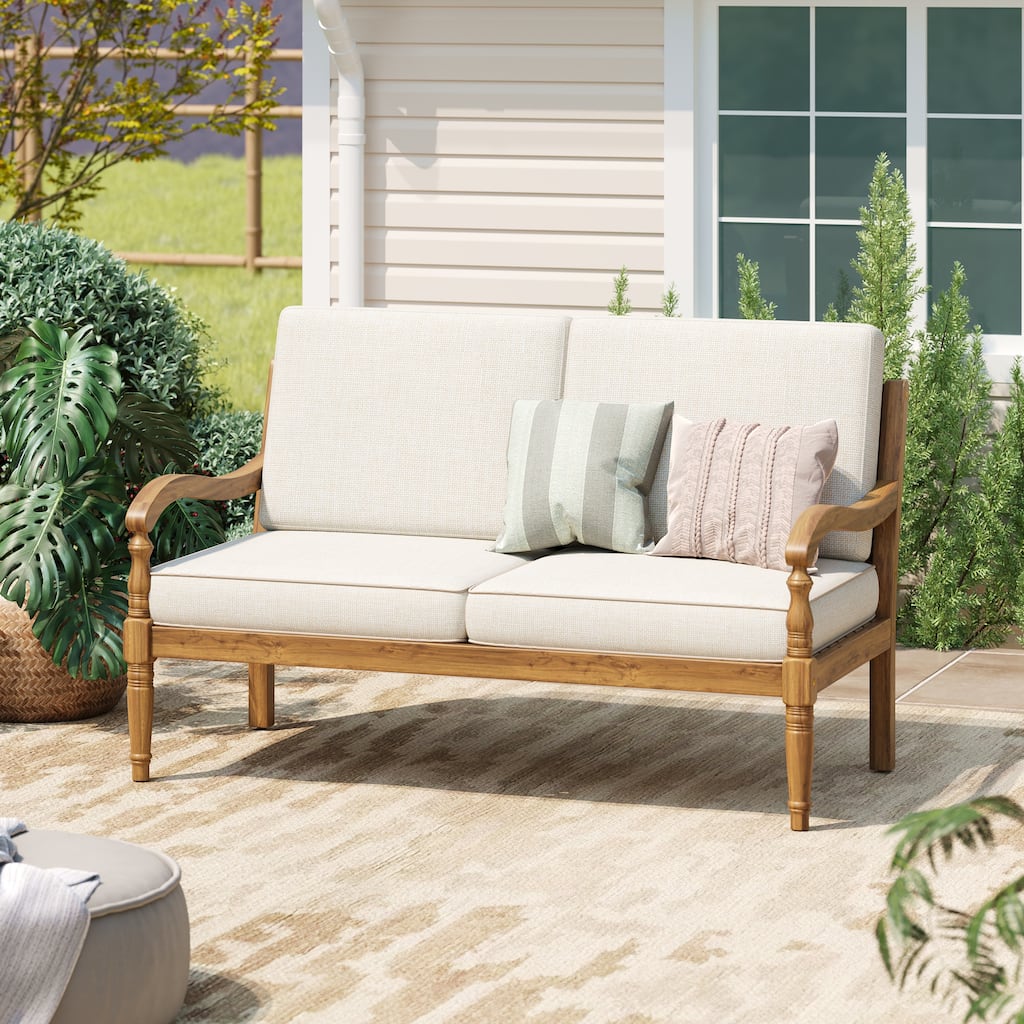 Roomfitters Outdoor Acacia Wood Loveseat Bench with Waterproof Cushions, Lattice Back Patio Sofa, Natural and Beige