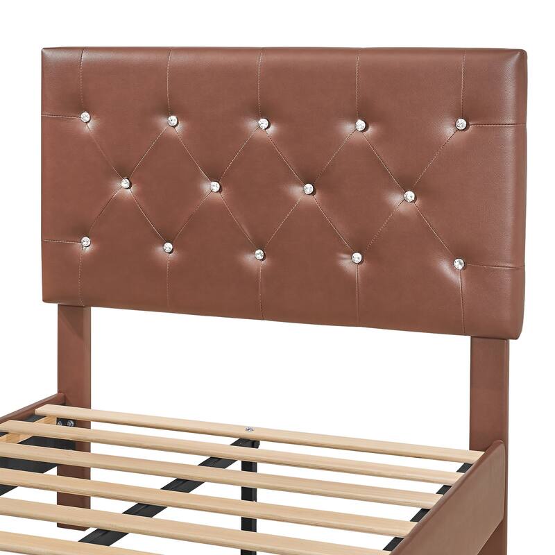 VECELO Bed Frame with Storage Drawers Leather Upholstered with Diamond Tufted Headboard Solid Wood Slat Support