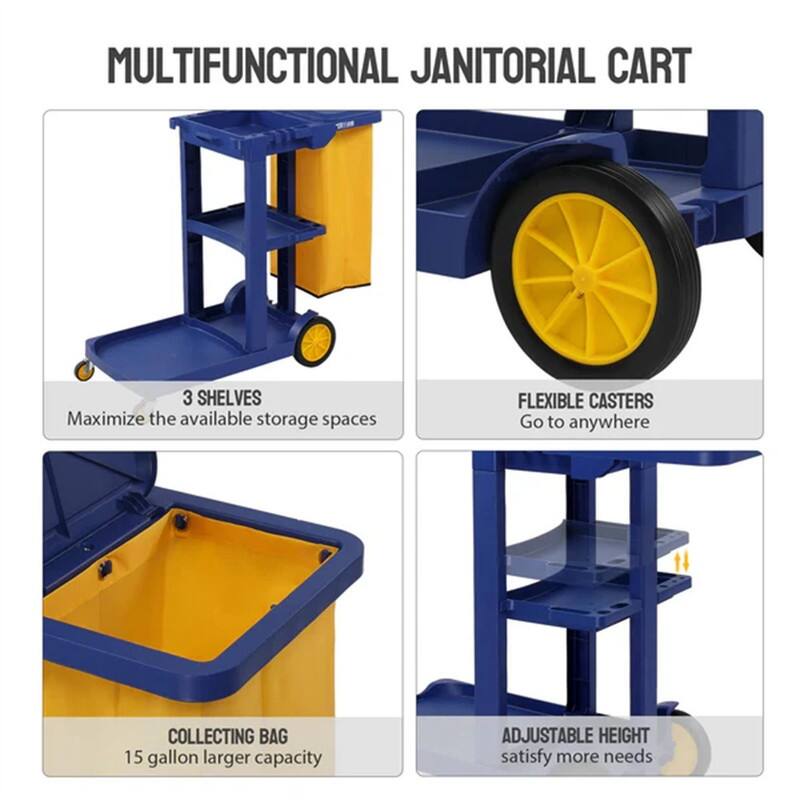 3 Tier Shelf Janitorial Cart Small 500lbs Capacity Commercial Cleaning Cart