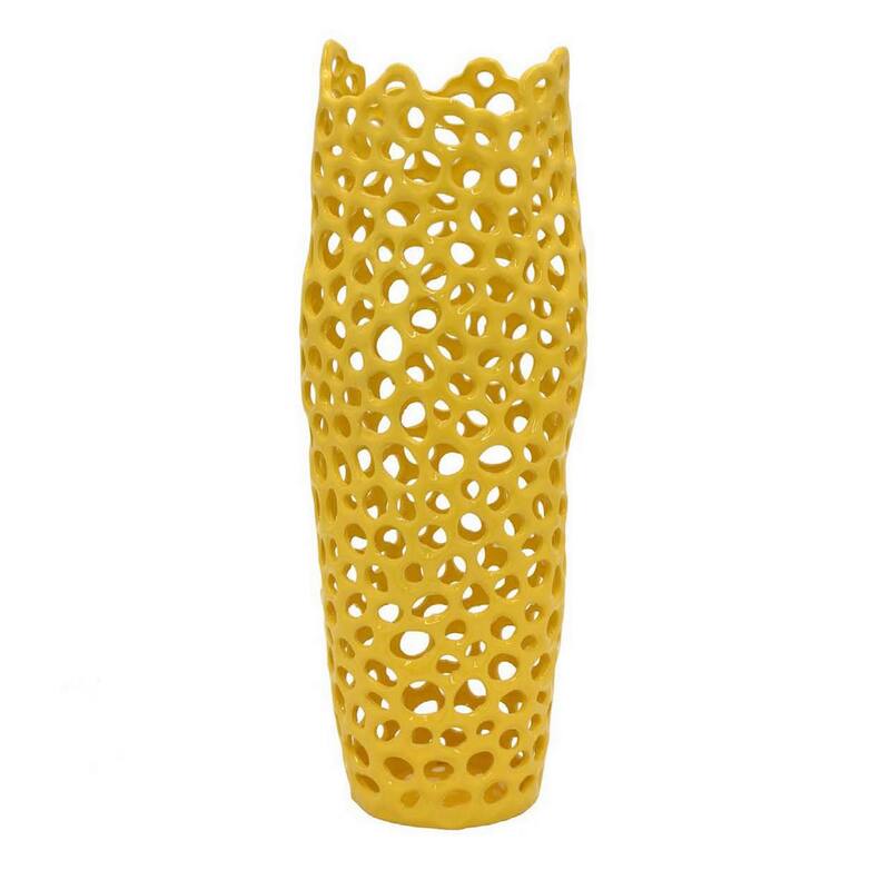 Kifa Flower Vase, Modern Cutout Textured Look, 20 Inch Yellow Ceramic