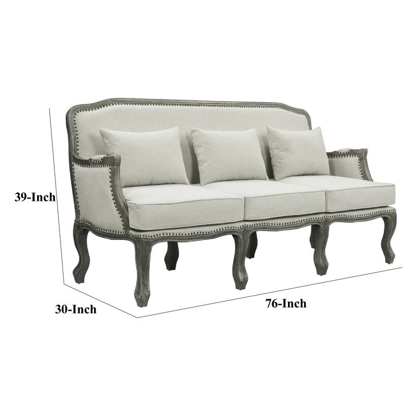 Warn 76 Inch Classic Sofa, Box Cushion, Nailhead Trim, Fabric, Cream, Brown