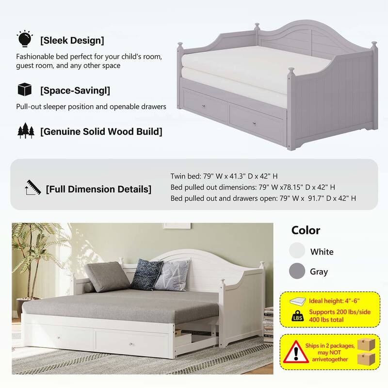 Wood Daybed with Extendable Trundle and Storage Drawers for Living Room or Guest Room
