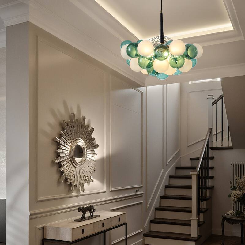 Mid - Century Modern Glass Globe Chandelier, Adjustable Height, E26 Base, 5 - Light Cluster Pendant Light for Dining Room