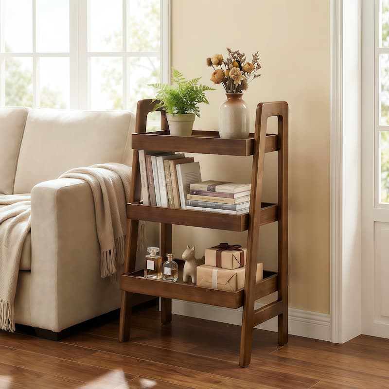 100% Solid Wood Ladder Shelf, 3 Tier Small Ladder Bookshelf, Freestanding Ladder Shelf with Open Storage