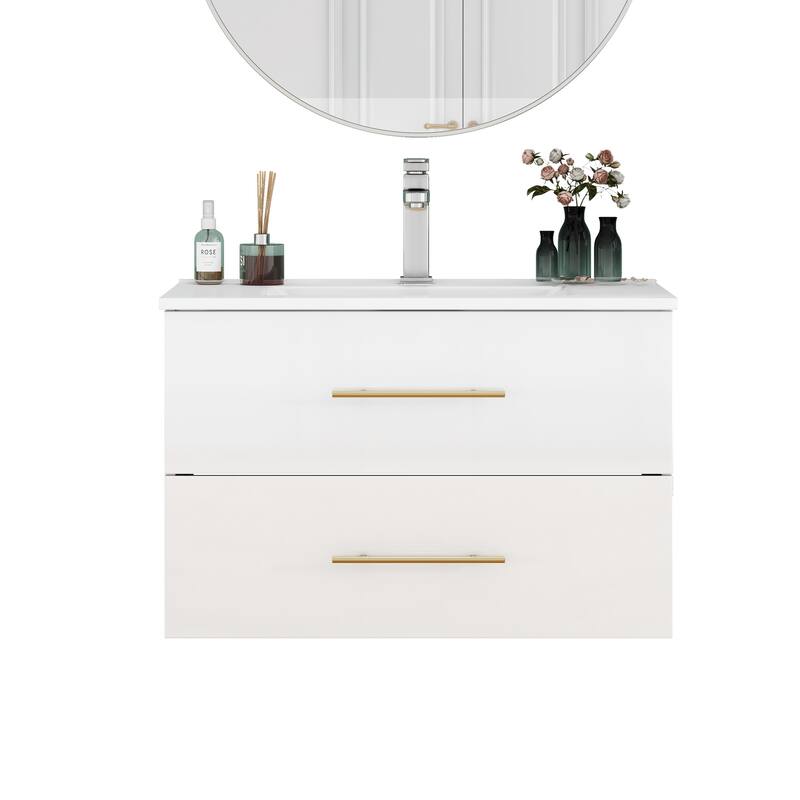 30-Inch Gloss Wall-Mounted Bathroom Vanity with Sink Combo, Double Drawers,Ceramic Sink,Long Metal Handle