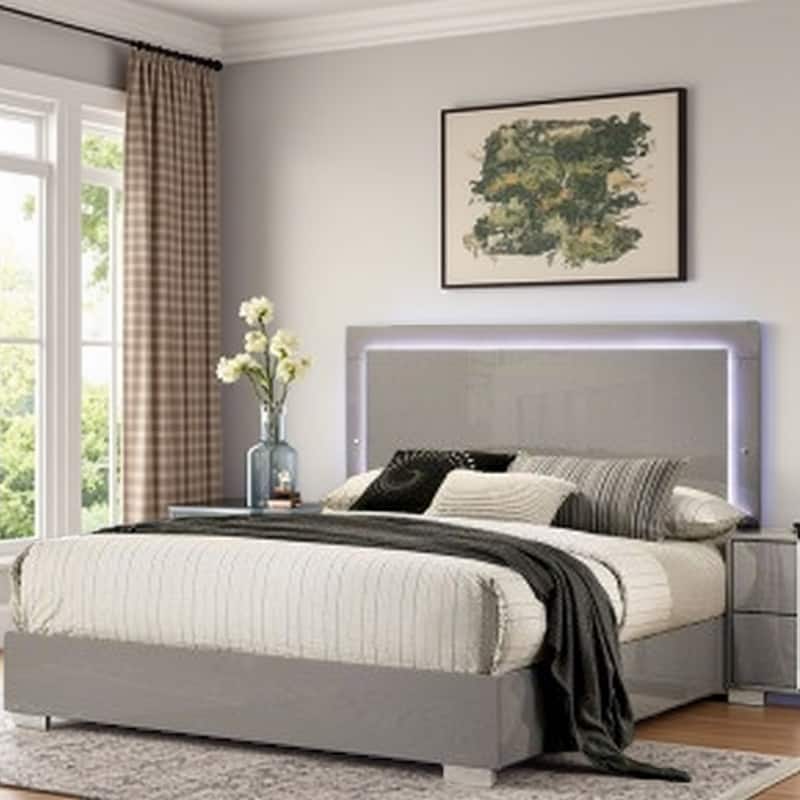 Queen Size Bed with LED-Illuminated Headboard, Sleek UV Finish, Chrome Legs and Vertical Handle Accents - taupe - King