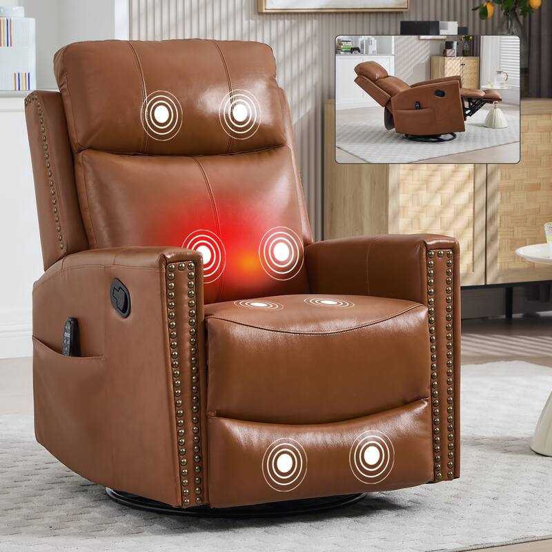 Roomfitters Genuine Leather Swivel Rocker Recliner, Manual Massage Glider with Heat and Top Grain Cowhide, Living Room
