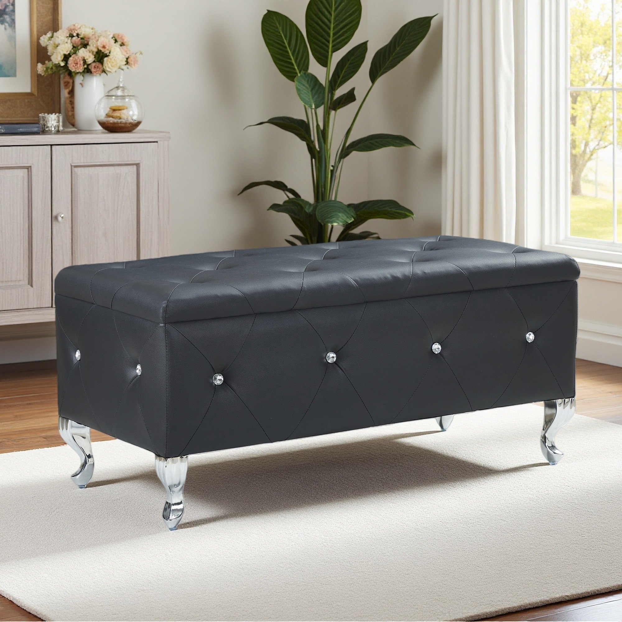 38.5"L Upholstered Storage Ottoman Bench, Faux Leather, Crystal Buttons