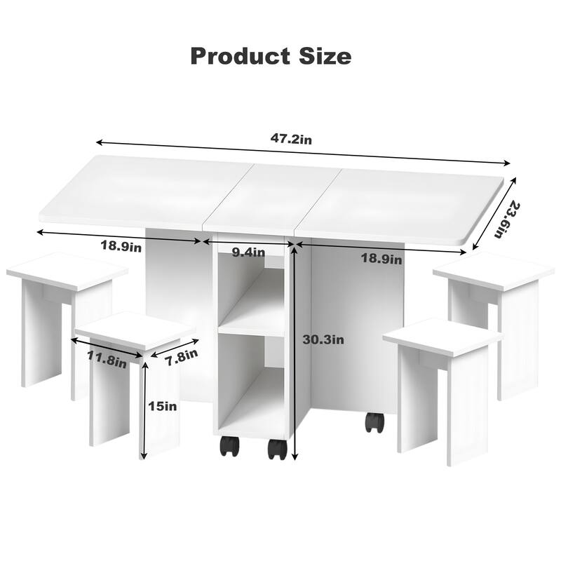 4-Person Drop-Leaf Dining Set‌ – Foldable Table + 4 Chairs, 47.2" x 23.6" x 30.3", White with Storage & 6 Wheels