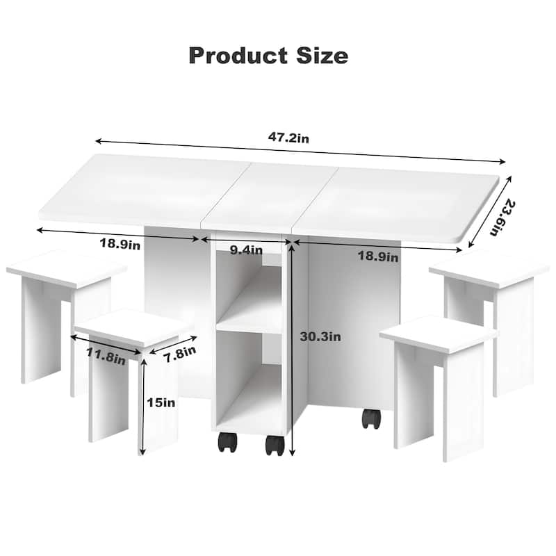 Folding Drop Leaf Dining Table Set for 4 with 4 Chairs, Space Saving Foldable Dining Table with Storage and 6 Wheels