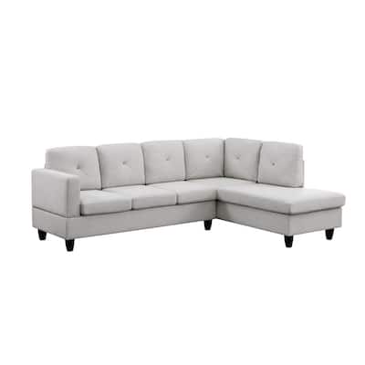 Kola 96 Inch Woven Sectional Sofa, Right Facing Chaise, Tufted, Light Gray