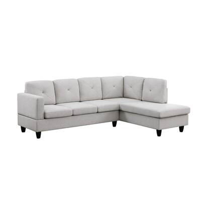 Kola 96 Inch Woven Sectional Sofa, Right Facing Chaise, Tufted, Light Gray