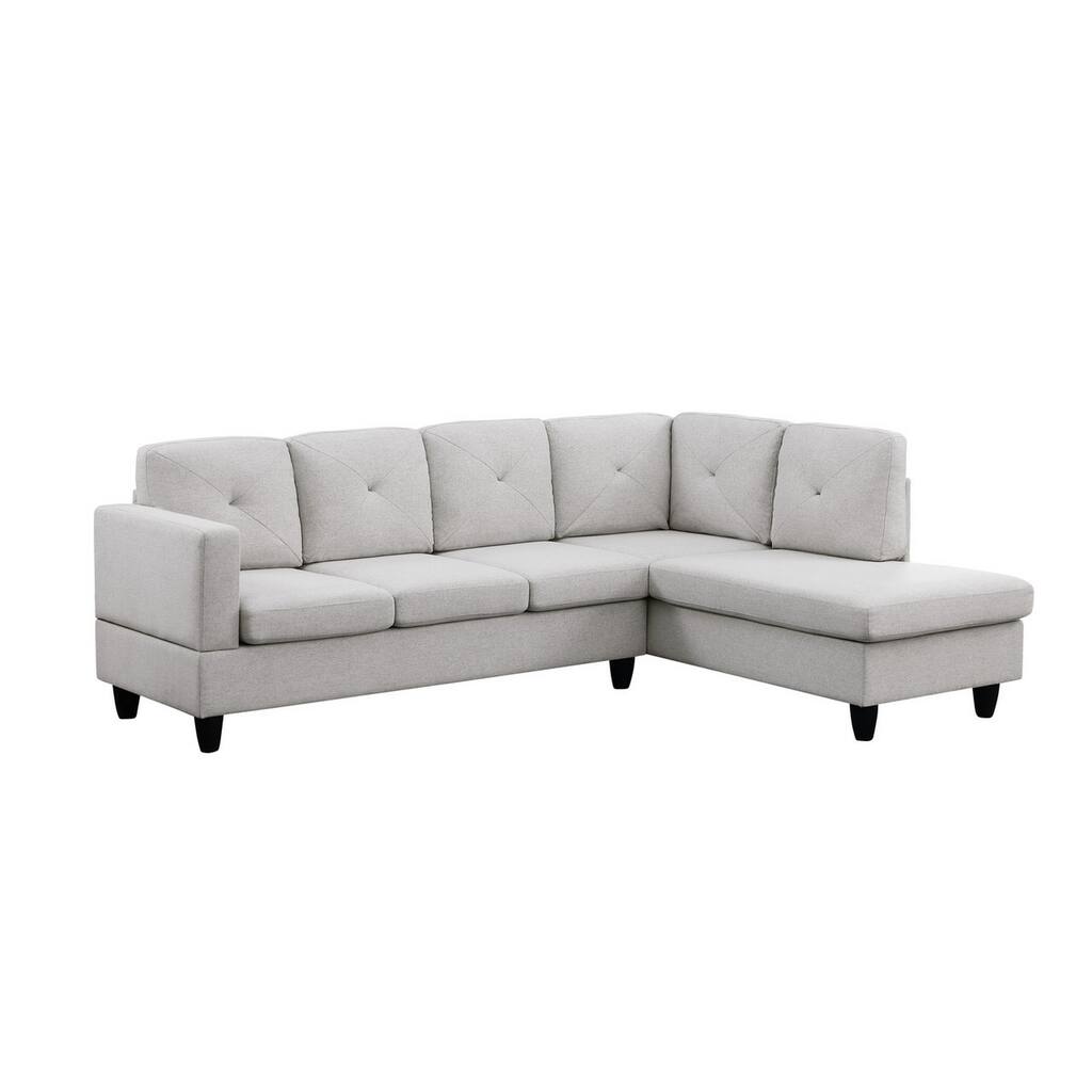 Kola 96 Inch Woven Sectional Sofa, Right Facing Chaise, Tufted, Light Gray