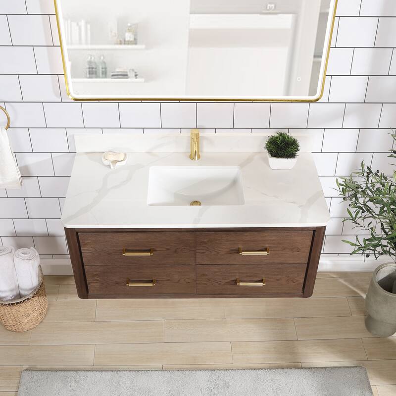 Cristo Floating Bath Vanity with White Quartz Stone Top and Mirror