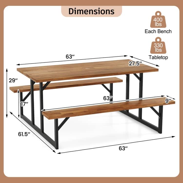 Brown and Black Acacia Wood Picnic Table 6 Person and Bench Set with Metal Frame - 63" x 61.5" x 29"