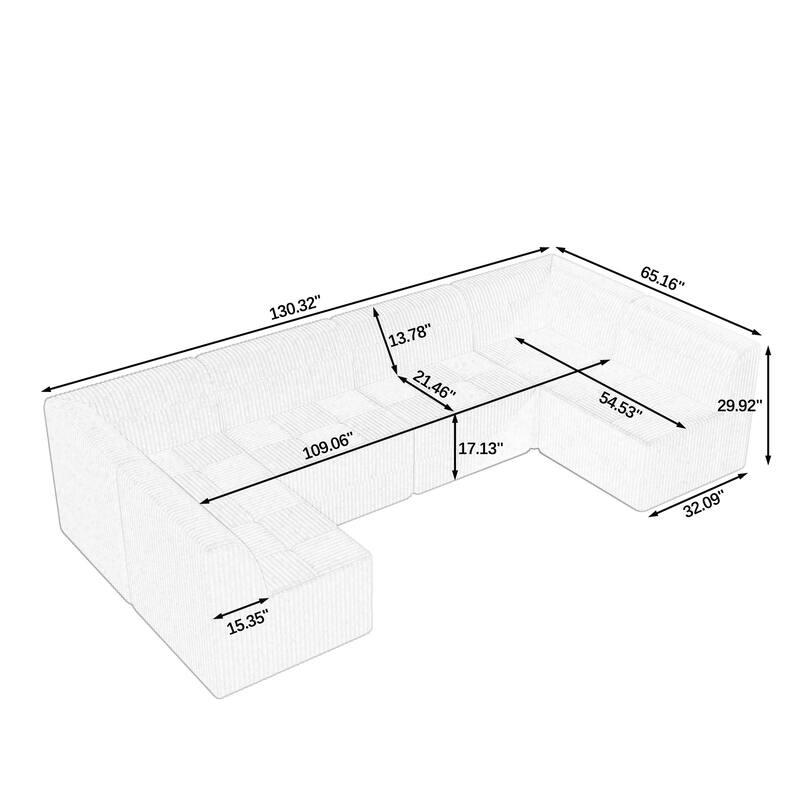 130.32" U-Shaped Corduroy Modular Sectional Sofa with No-Assembly Foam Construction & Convertible Sleeper (6/7/9-Seater Options)