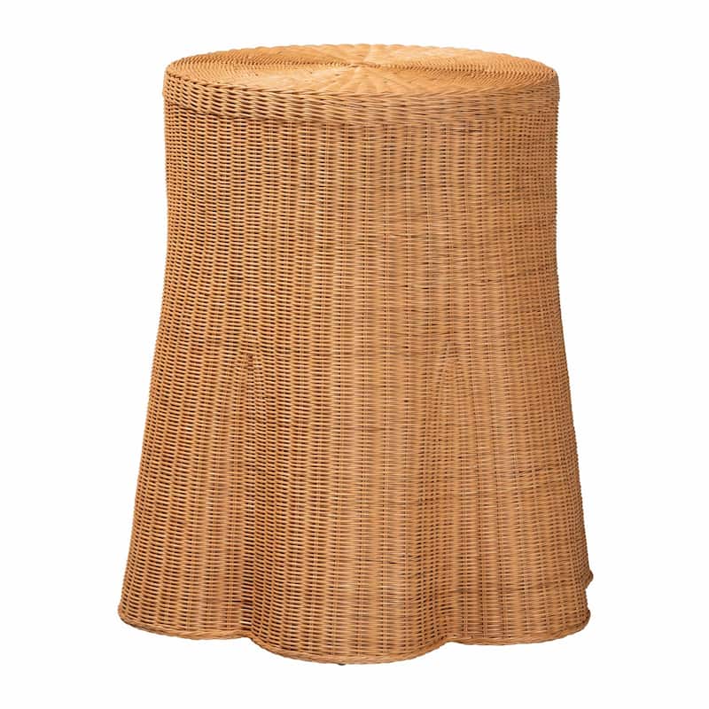 Dayo Scalloped Natural Rattan Console Table with Drawer - Handwoven Wicker Accent Table with Flared Skirt, Coastal Boho Style