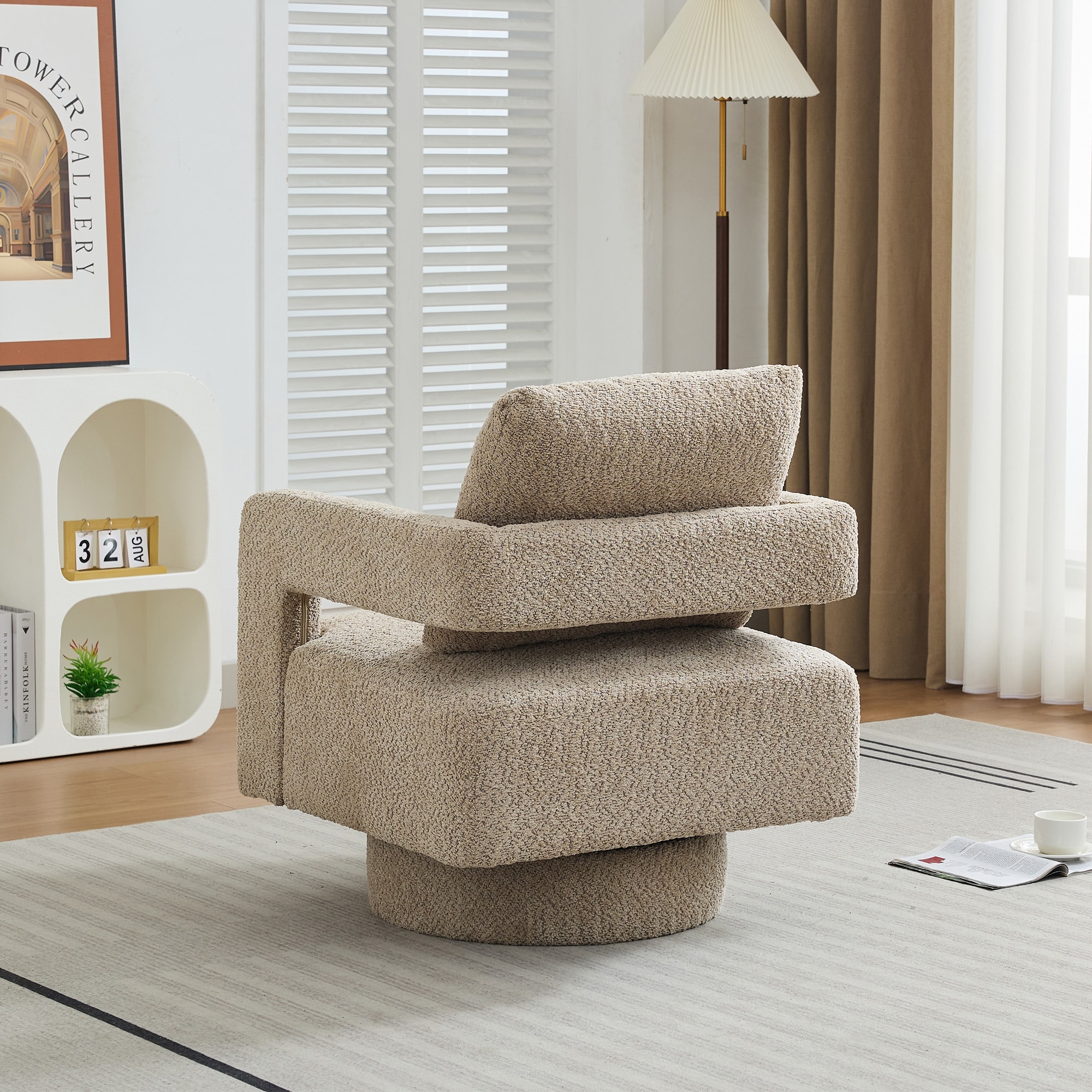 Taupe Modern Boucle 360° Swivel Accent Chair with Open Back