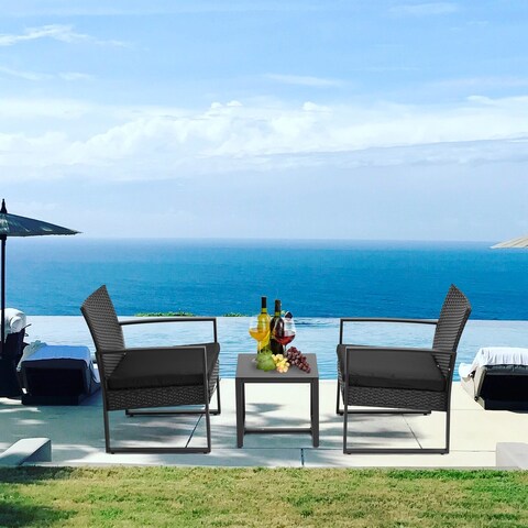 3-Piece Rattan Wicker Patio Conversation Set Chairs and Coffee Table with Cushion