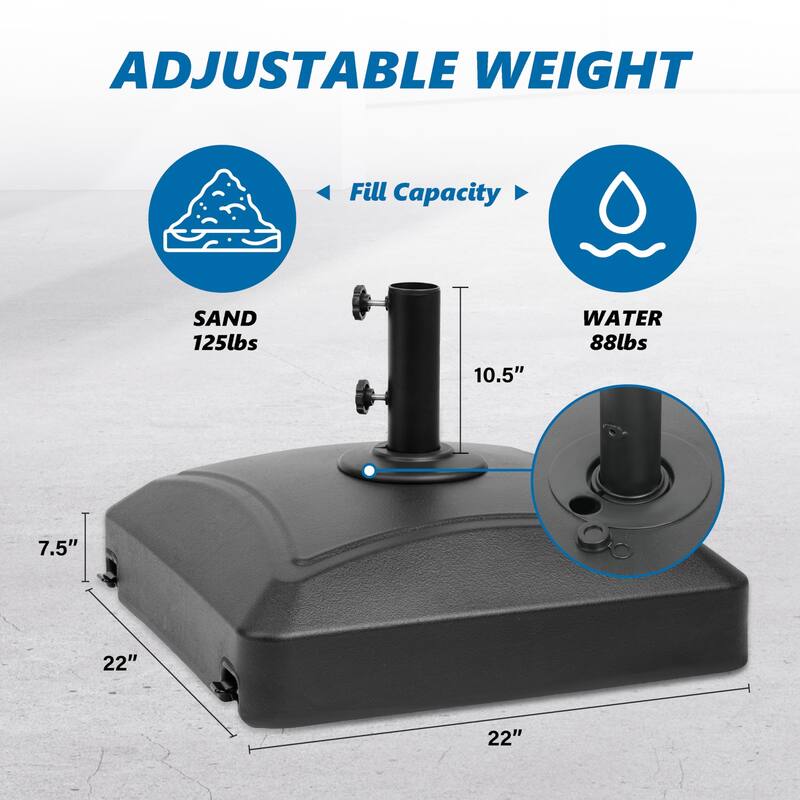 Outdoor Fillable Mobile Patio Umbrella Base in 125lb. Capacity, Heavy Duty Stand with 4Wheels&2Locks&2Knobs-Square Black