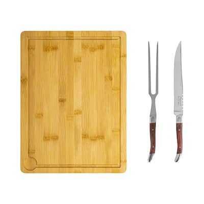 French Home Laguiole Pakkawood Carving Set with Wood Cutting Board - Brown