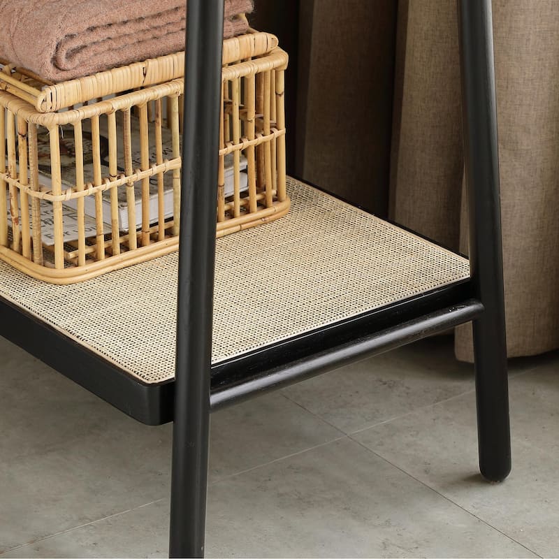 Solid Oak Clothes Rack with Rattan Shelves - Black