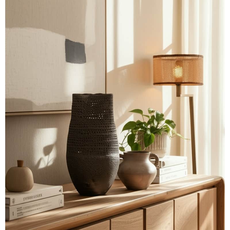 Clay Handmade Decorative Vase Textured and Sculptural Artisan Design - 10" x 10" x 18.5"