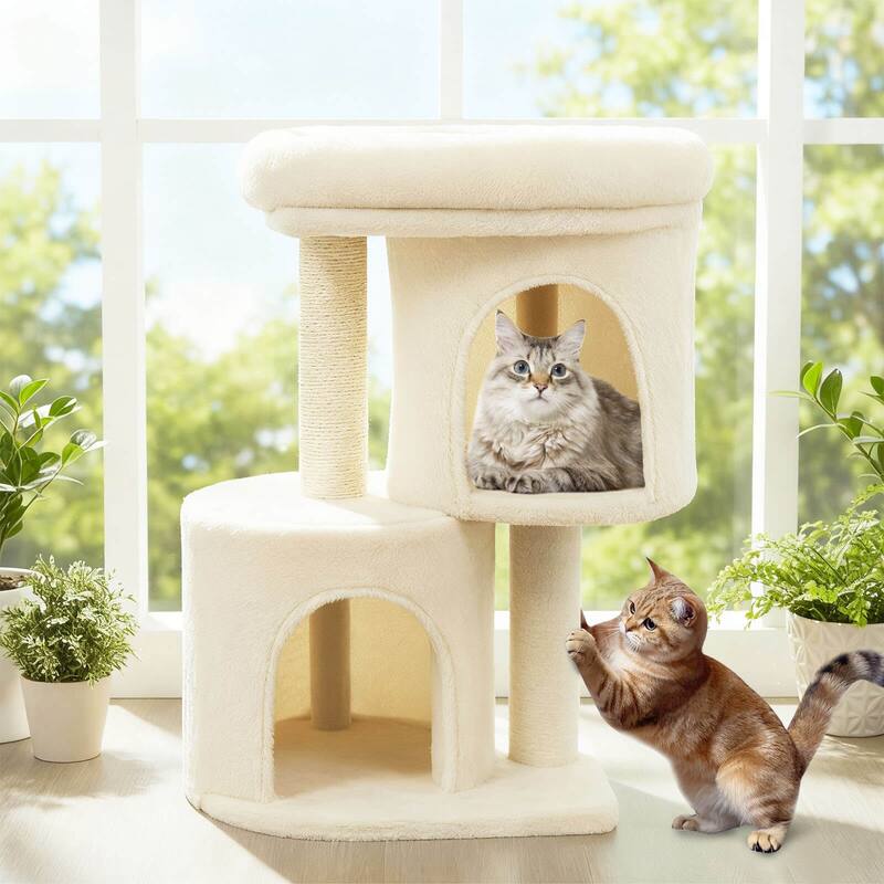 Costway 26” Small Cat Tree with Large Padded Plush Perch, 2 Condos, - See Details