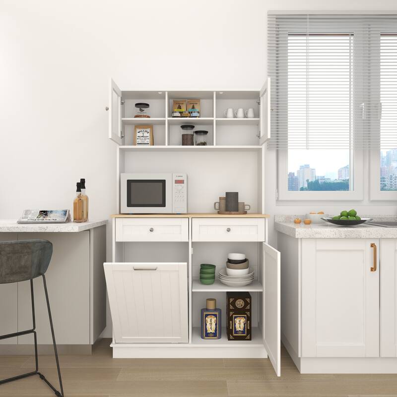 Anmytek 67.7" Tall White Kitchen Storage Cabinet with Tilt Out Trash, 2 Drawers & Adjustable Shelves