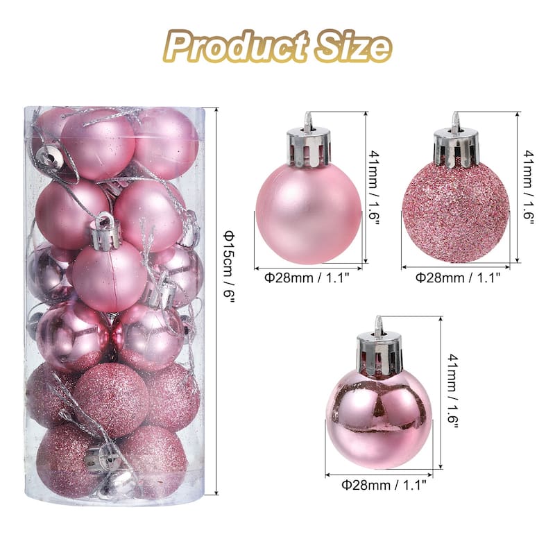 24Pcs 1.1" Christmas Balls Ornaments Shatterproof Hanging Balls Set - Pink