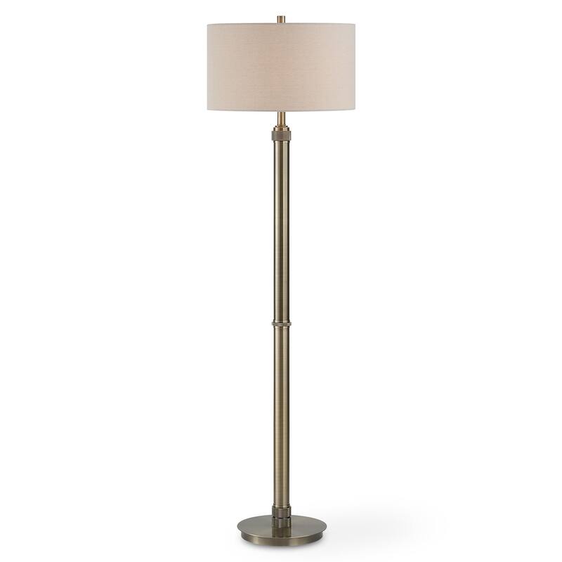 Modern Floor Lamp, White Linen Drum Shade, Brass Metal Pole, Round Base