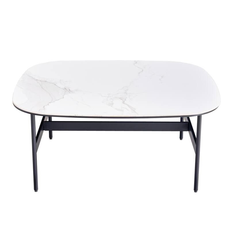 Small Coffee Table for Living Room, Modern Rock Beam Ceramic Coffee Table, Low Square Center Table Easy Assembly