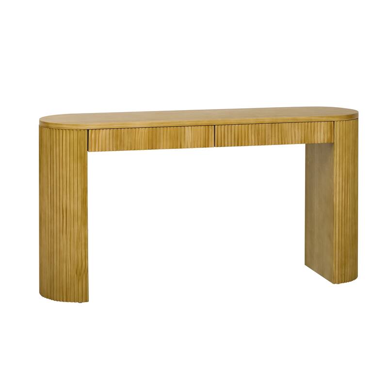 Vintage Pine Veneer Console Table with Vertical Striped Design, 58.2 Inch Entryway Table Living Room Sofa Table with 2 Drawers
