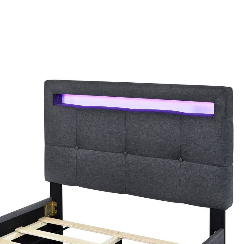 Linen Upholstered Platform Bed Frame with LED Light Headboard & 2 Drawers