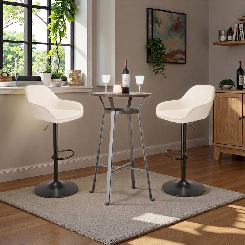 Glitzhome 41"H Round Wood Top High Pub Table with Gaslift Adjustable Swivel Bar Stools Set - 3PCS Brown Table & White Chairs