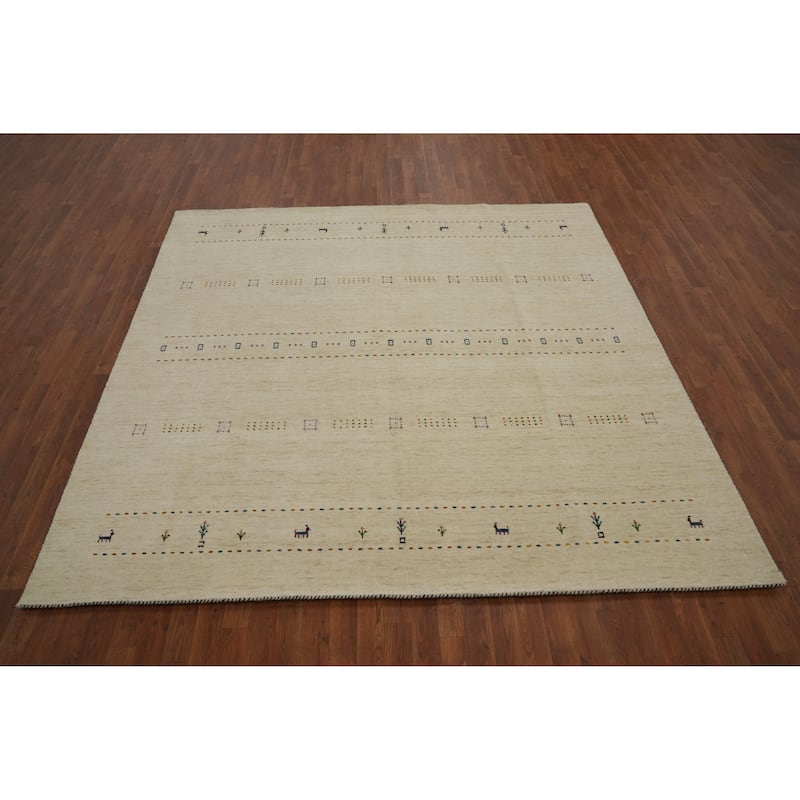 Hand Knotted Oriental 100% Wool Carpet Tribal Animal Pictorial Beige & Ivories Gabbeh Area Rug - 8' 0'' X 8' 0''
