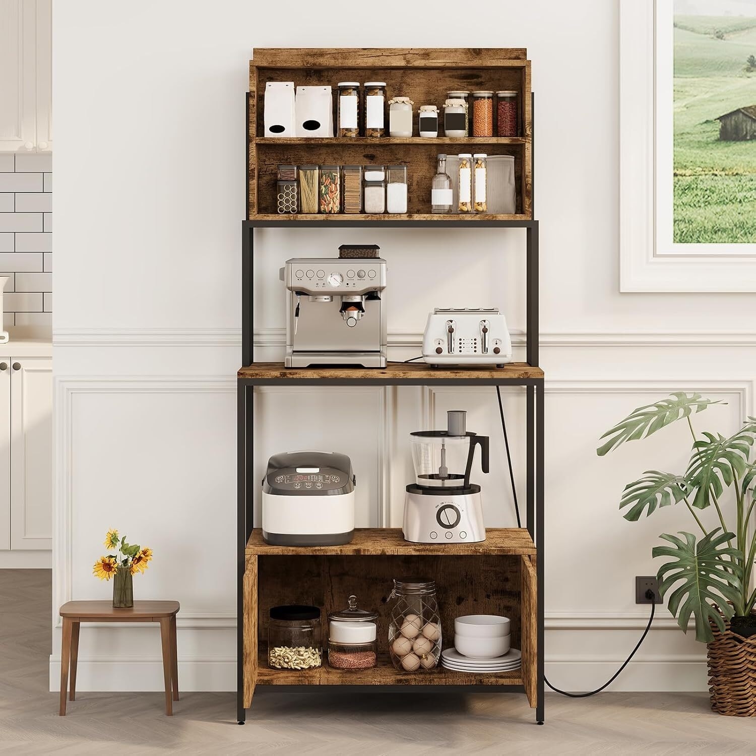 67in Rustic Brown 6-Tier Bakers Rack with Outlet & Microwave Stand