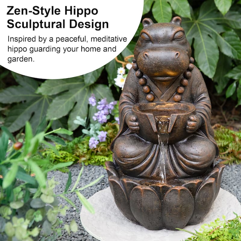 Glitzhome 21.75"H 2-Tiered Lighted Zen Style Frog Elephant Hippo Polyresin Outdoor Fountains