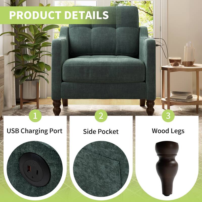 Office Chair Dark Green Side Chair with USB Charging Port, Simple Dressing Chair Club Chair Arm Chair Padded Chair
